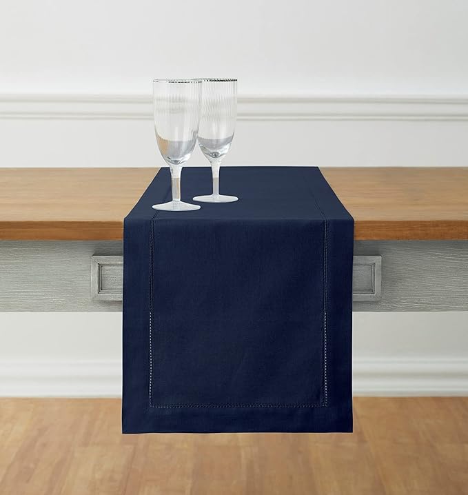 Solino Home Cotton Linen Navy Blue Table Runner 72 Inches Long - Hemstitch Ta...