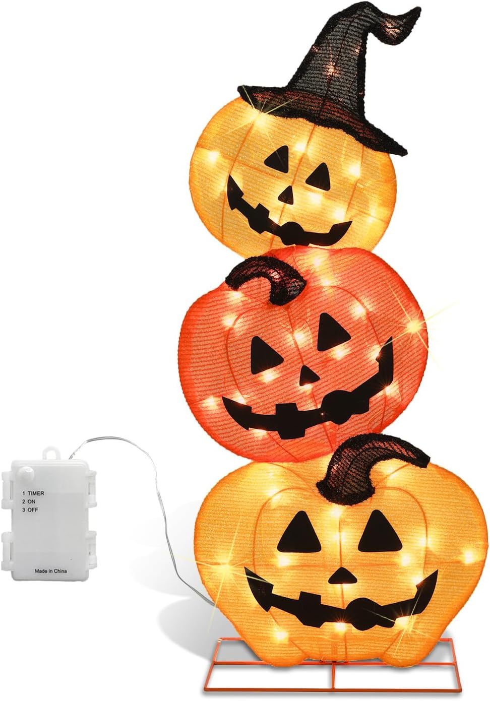 Halloween Lighted 3 Stacked Pumpkins, 39’’ H Pre-Lit Lighted Pumpkins with 50...