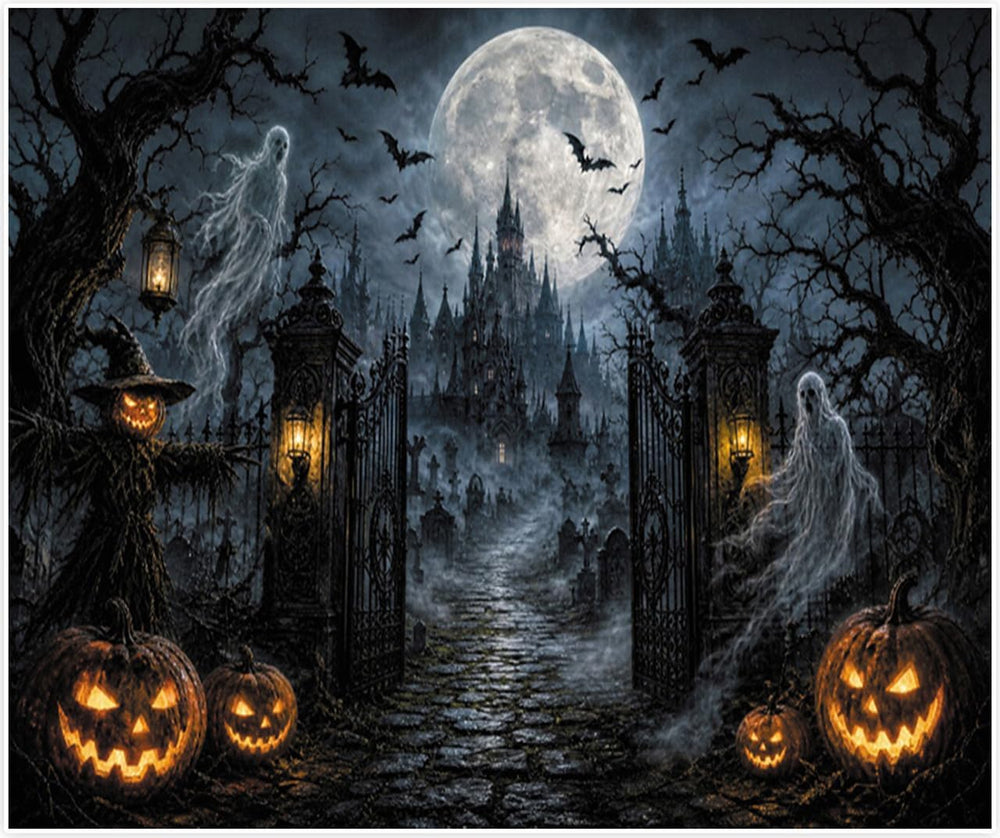 Halloween Graveyard Castle Backdrop 10x8ft, Spooky Ghost Pumpkin Gothic Haunt...
