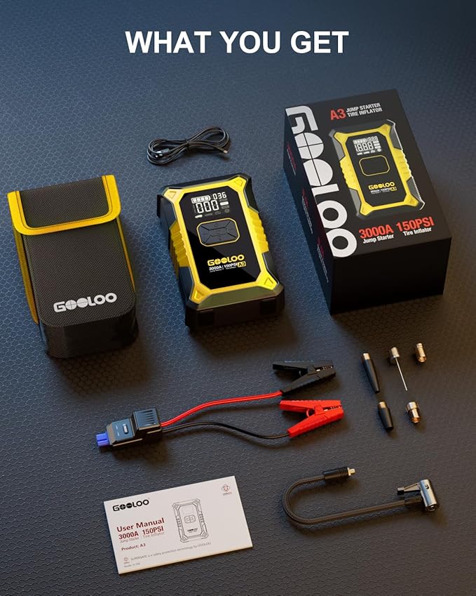 GOOLOO A3 Jump Starter with Air Compressor, 3000A Portable Car Battery Jumper