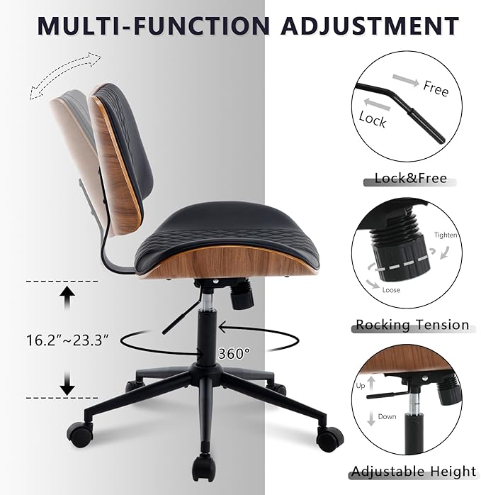 Home Office Chair No Arms with Wheels, Adjustable Height Small Desk Chair