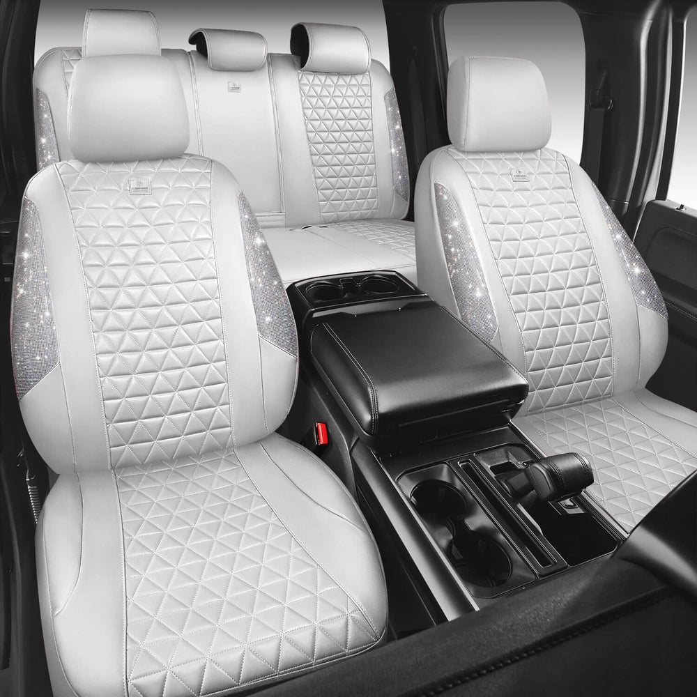 CAR PASS All White Bling Diamond Leather Car Seat Covers Full Sets,Waterproof...
