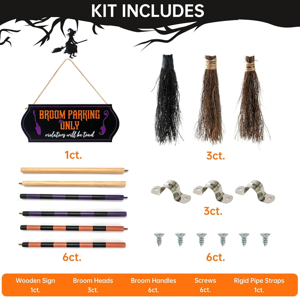 Halloween Broom Parking Sign with 3 Wooden Witch Brooms