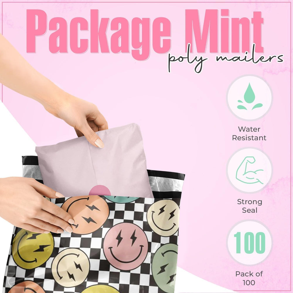 12x15 Poly Mailers, Smiles Checkerboard Shipping Bags,100 Pack