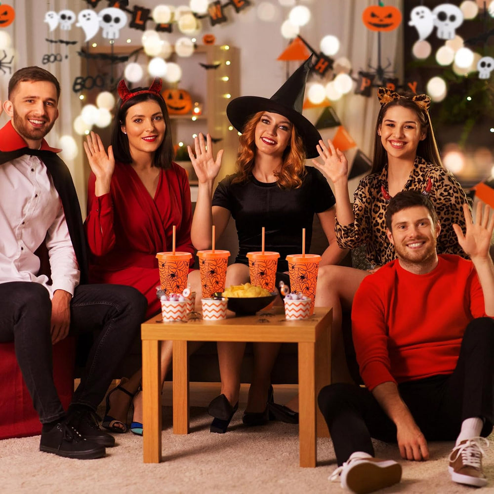 Funnymoom 24 Pcs Orange Halloween Spiderweb Plastic Cups Bulk, 24 oz