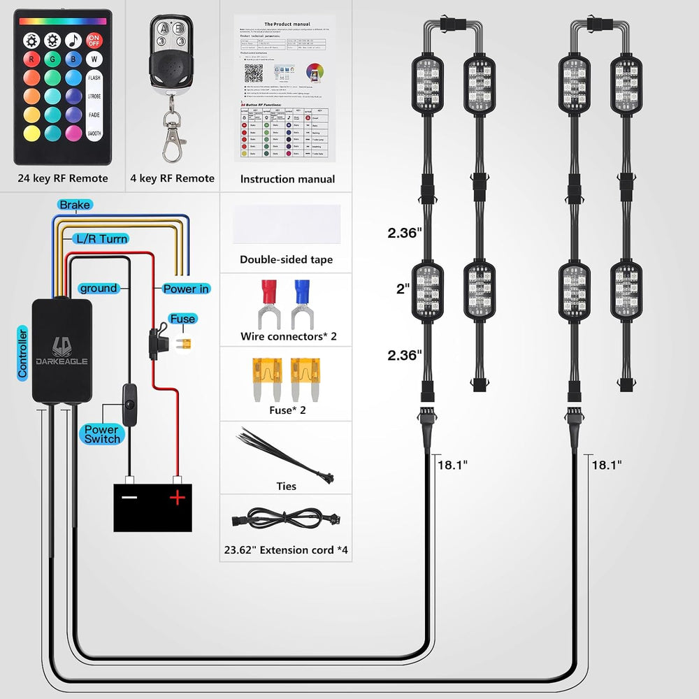 8PCS Motorcycle RGB LED Accent Lights with APP & RF Remote, Waterproof Fr...