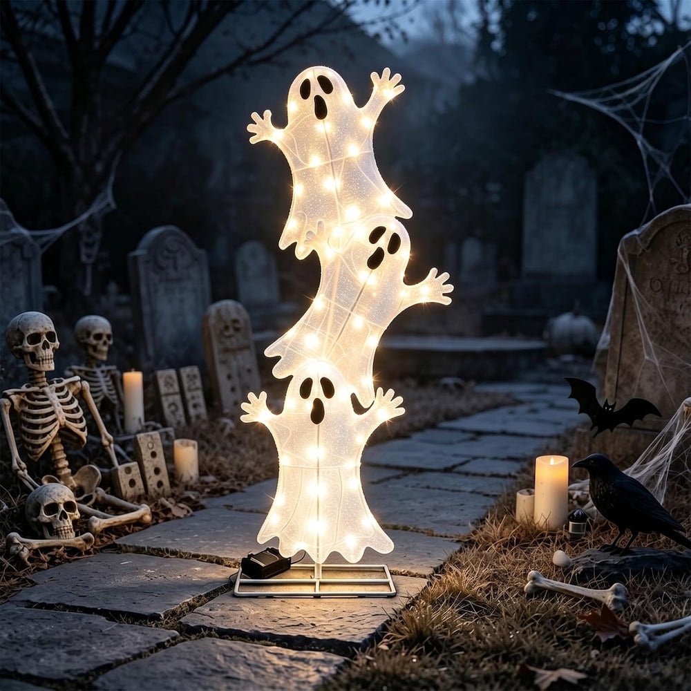 3-Tier Stacked Ghost Halloween Lighted Outdoor Display