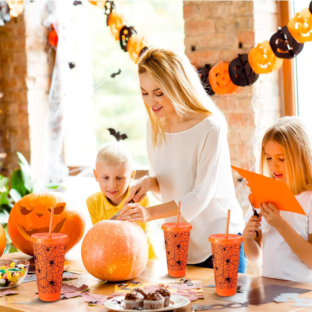 Funnymoom 24 Pcs Orange Halloween Spiderweb Plastic Cups Bulk, 24 oz