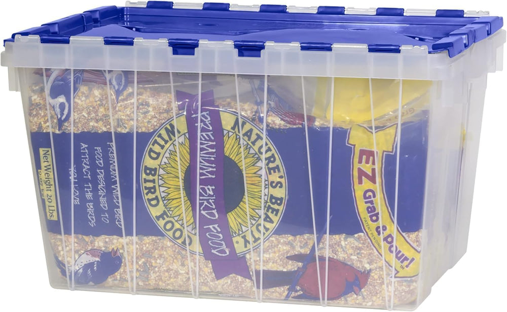 Akro-Mils KeepBox 12 Gal Storage Box, Lid Attached, Stackable, Clear/Blue