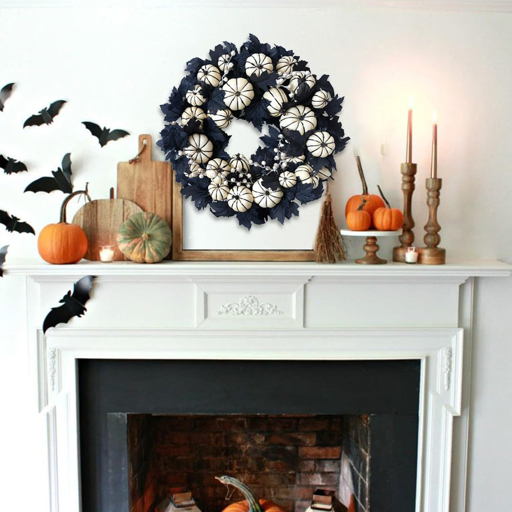 22inch Halloween Wreath Black Maple Leaf Wreaths White Pumpkin Wreath Holiday...