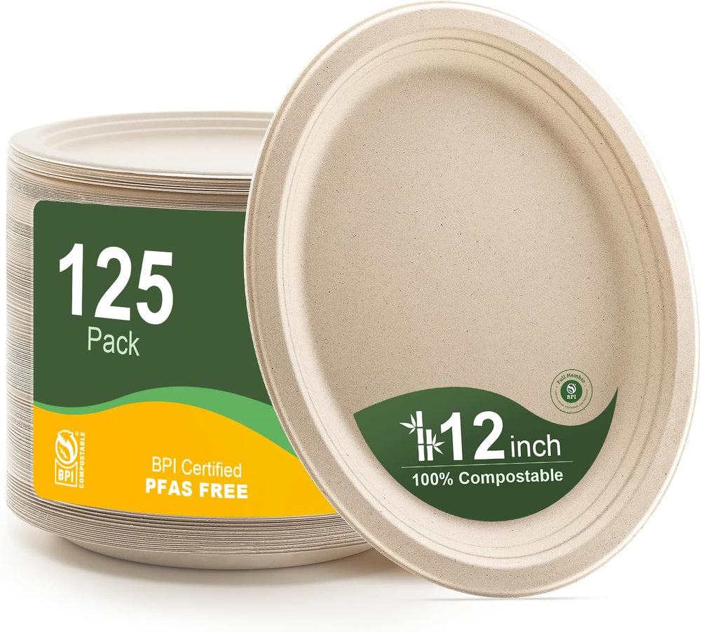 WELLIFE 100% Compostable Oval Paper Plates 12 Inch, Biodegradable Bagasse (12...