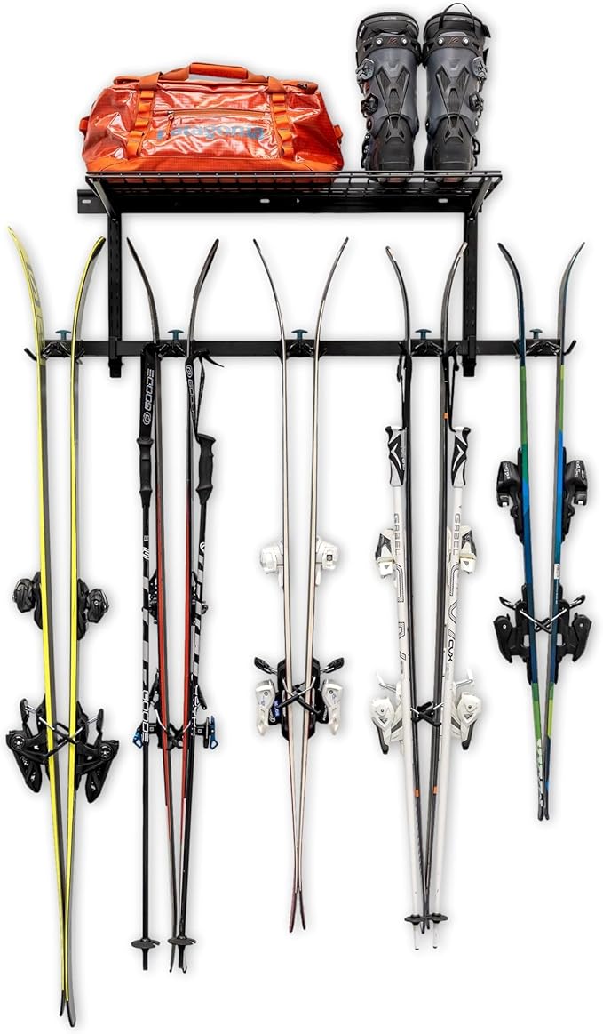 StoreYourBoard Lone Peak Ski Storage Rack and Wall Shelf, Holds 5 Pairs of Skis