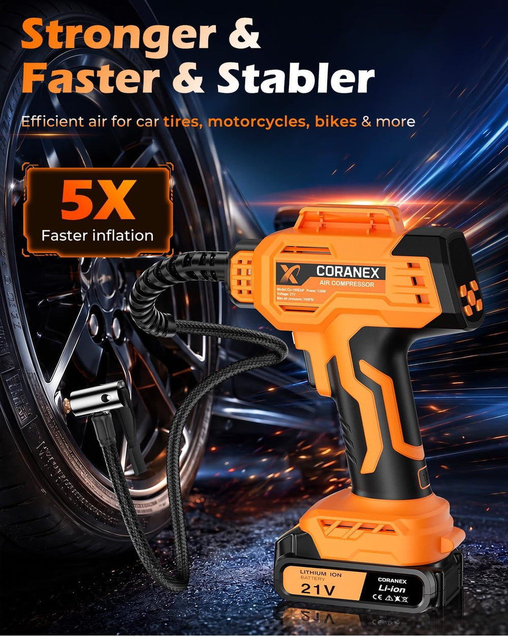 Tire Inflator Portable Air Compressor | 21V Battery and 12V Cord