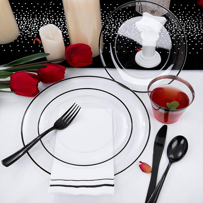 NOCCUR 350PCS Clear and Black Plastic Plates - Disposable Dinnerware Set for ...