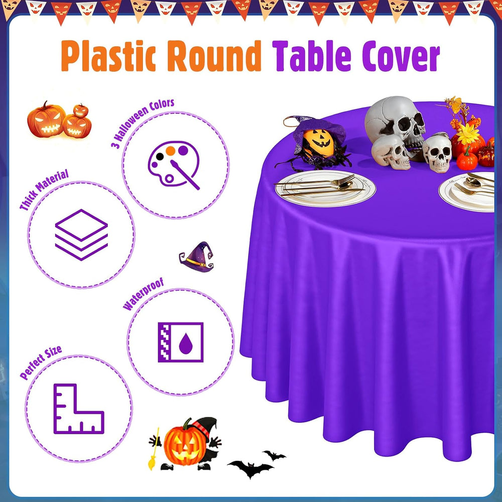 24 Pcs Halloween Round Plastic Tablecloths, 84 Inch Black, Purple, Orange