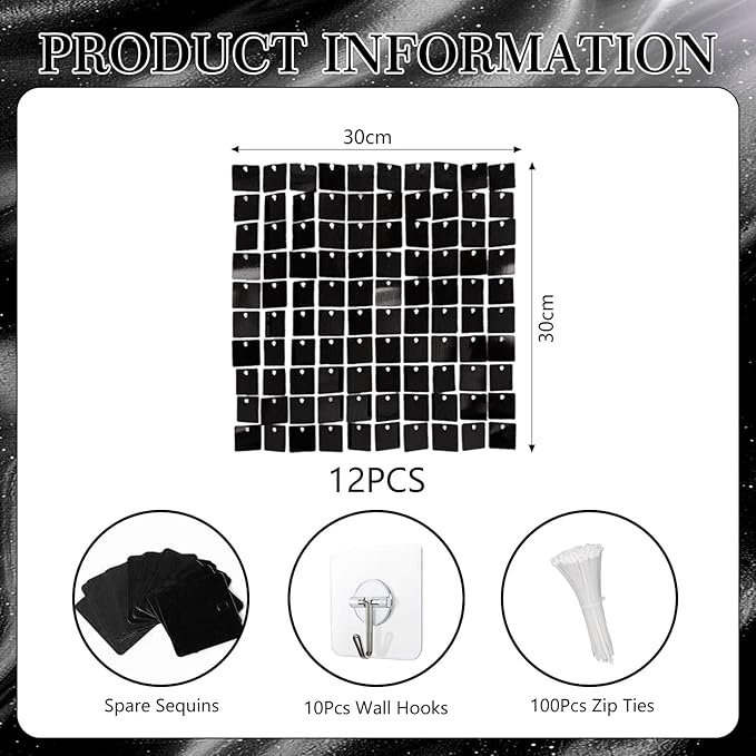 12PCS Black Shimmer Wall Backdrop, Square Sequin Photo Backdrops Panel, Glitt...