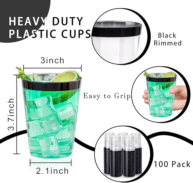 DaYammi 100 Pack Black Plastic Cups 10Oz Clear Disposable Cups with Black Rim...