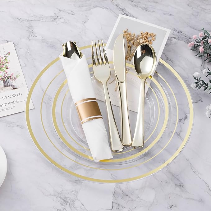 BESTVIP 175PCS Clear Gold Plastic Dinnerware Set, Disposable Party Plates for...