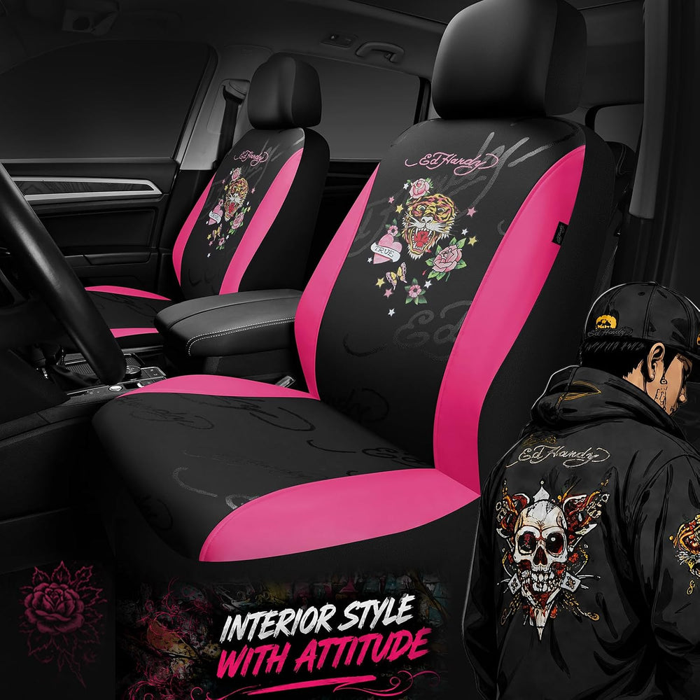 ED HARDY Tiger Print Car Seat Covers, Hot Pink Premium Leather Front Seat Cov...