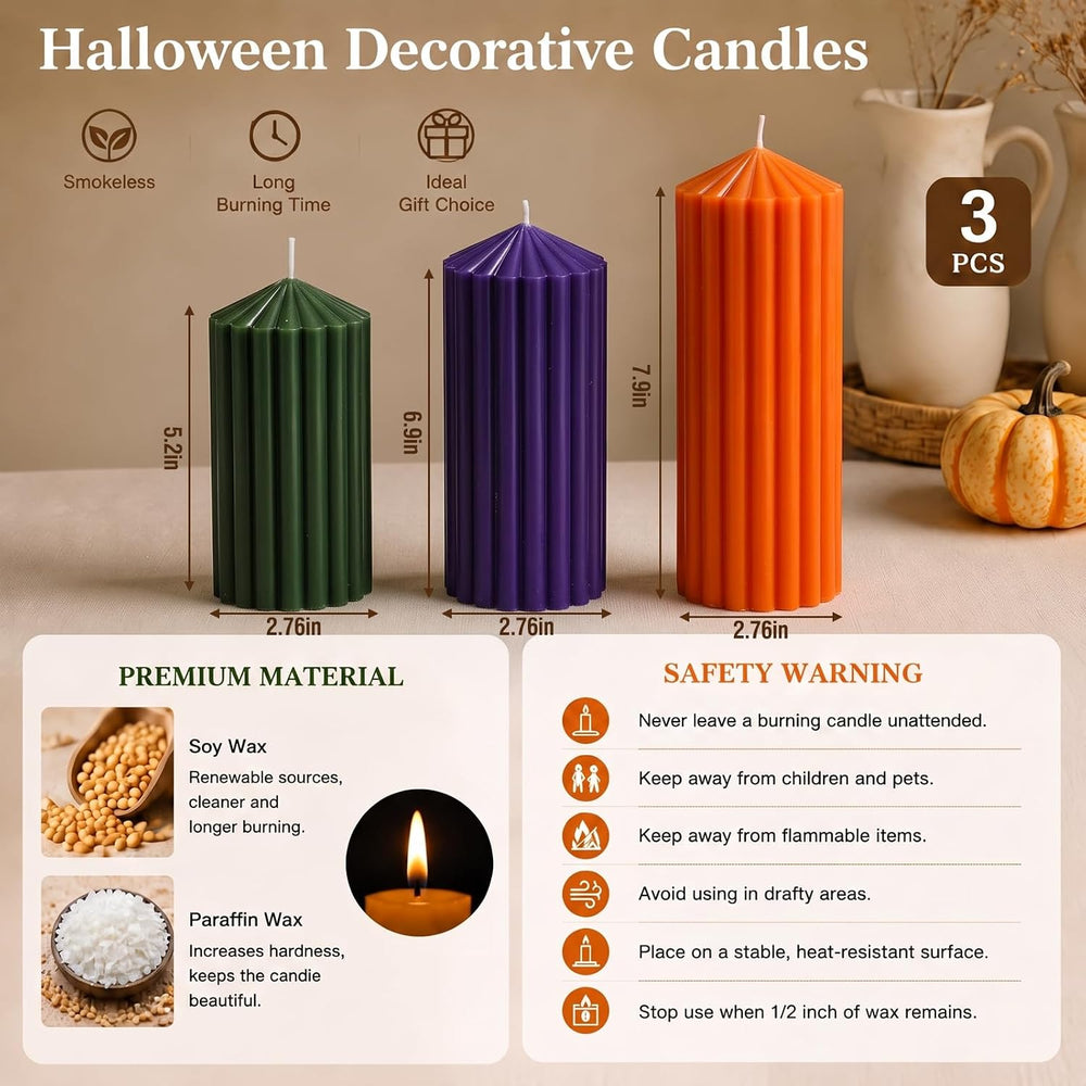 Mtlee 3 Pack Halloween Ribbed Pillar Candles Green Purple Orange Candles