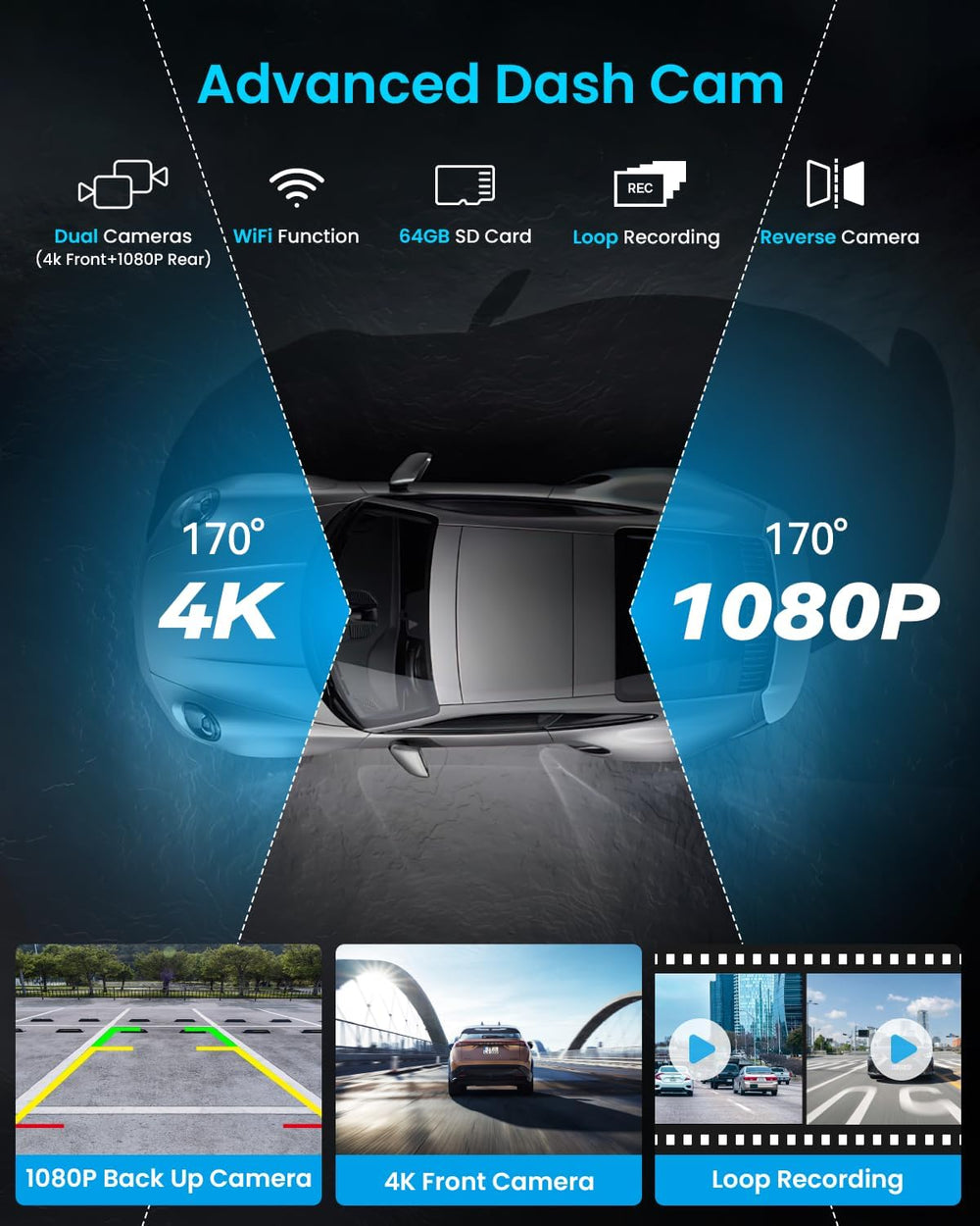 IIWEY iK7 10-Inch Wireless Apple CarPlay Screen, Android Auto, 4K Dash Cam
