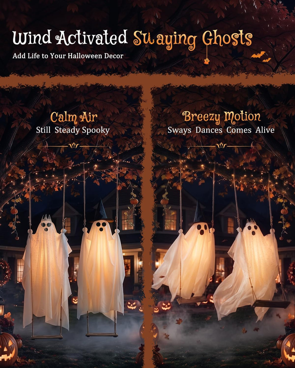 2-Pack Swinging Ghost, 4.5-7.2 FT Adjustable Halloween Decorations Outdoor