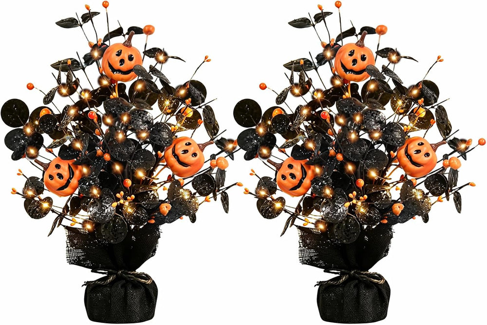 2Pack Lighted Halloween Table Tree, Halloween Pumpkin Decorations for Home