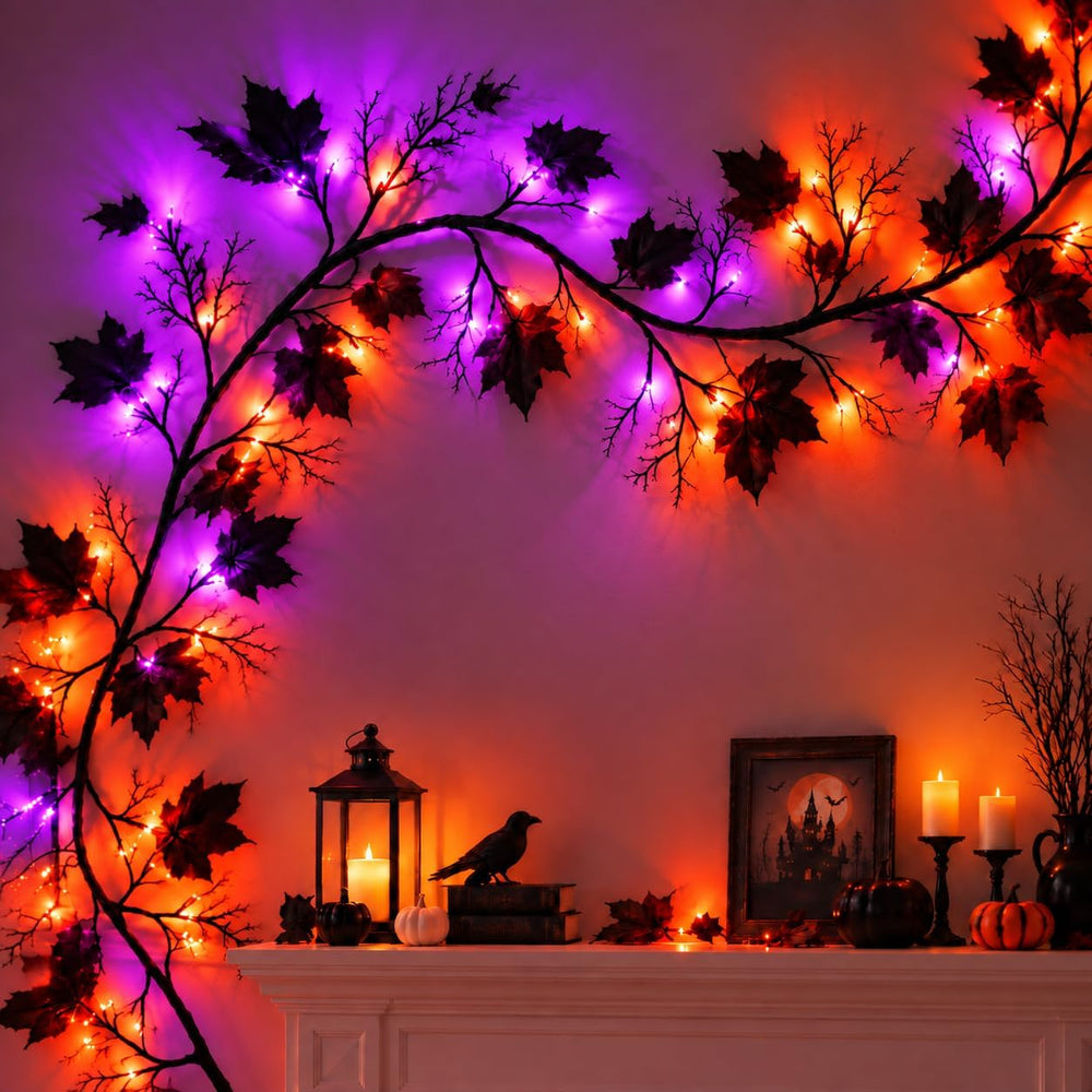 Halloween Garland with Orange & Purple Lights, 9 FT Black Maple Leaves