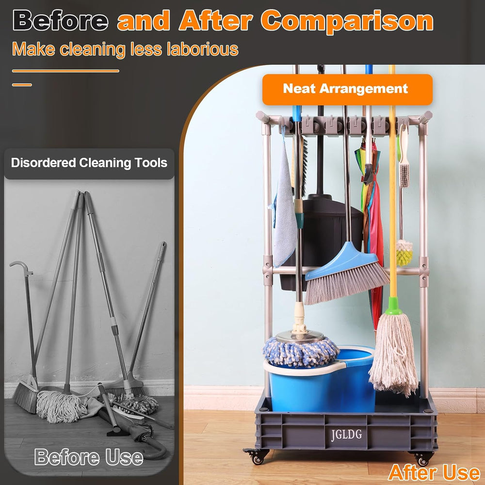 Mobile Mop and Broom Holder,Efficient Storage Solution for Cleaning Tools Kee...