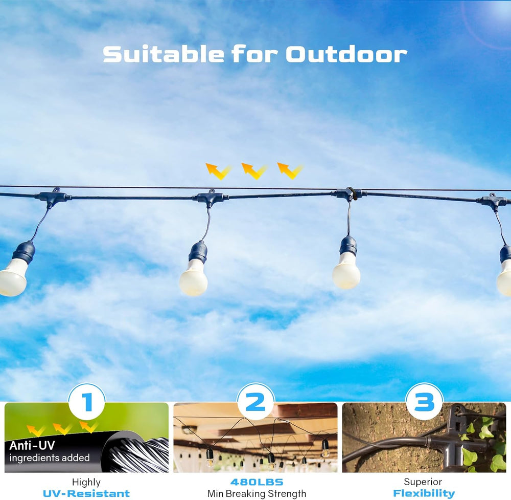 NEREUS String Light Hanging Kit with 200FT Black Vinyl Coated Wire Rope