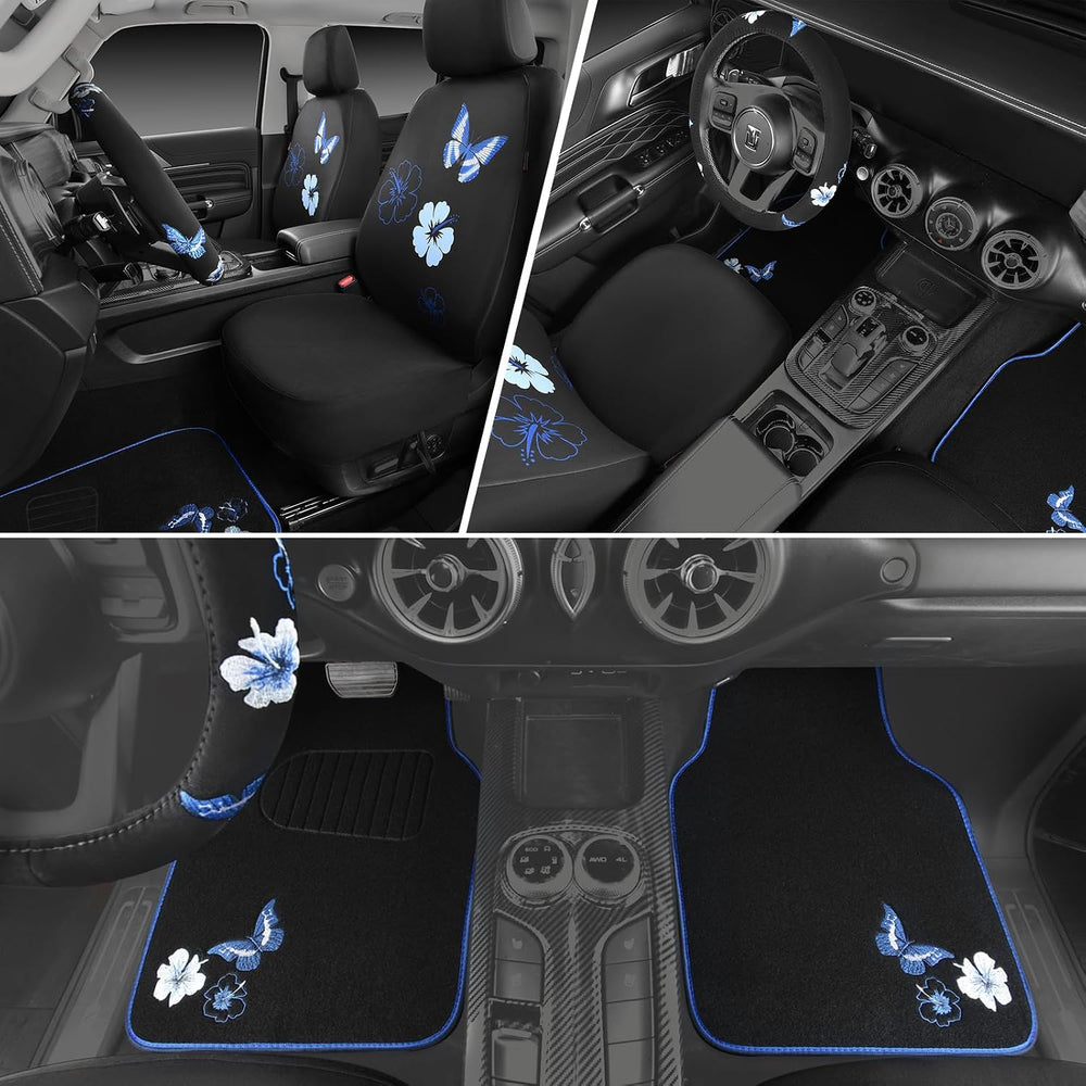 CAR PASS Blue Butterfly Car Seat Covers Full Set, Embroidered Flower Waterpro...