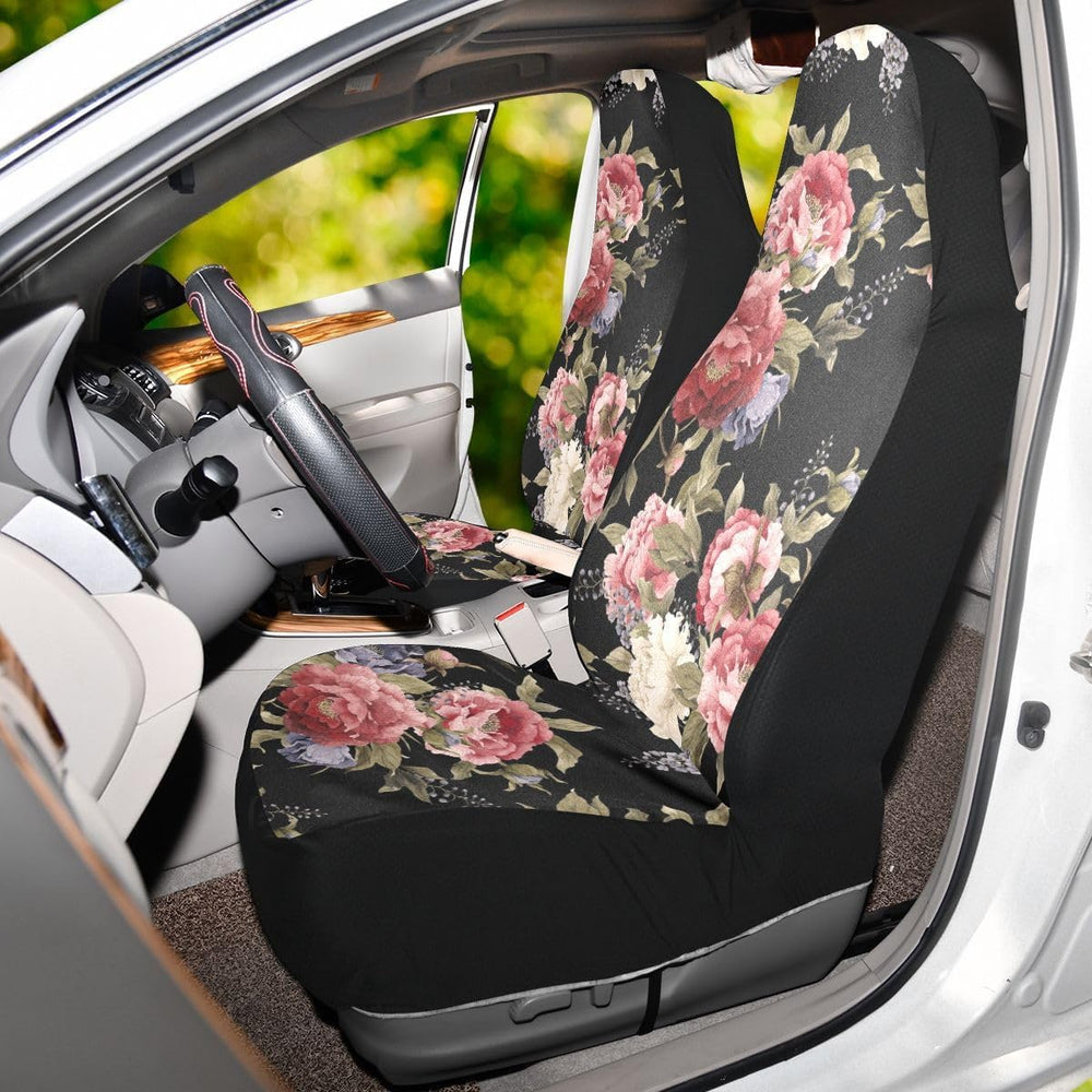 Dark Vintage Floral Flowers Print Car Seat Covers Set of 2,Seamless Floral Pa...