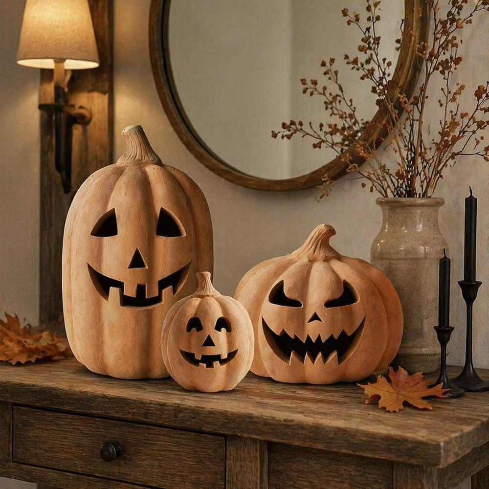 Whaline 3 Pcs Halloween Terracotta Pumpkin Lantern Halloween Decor