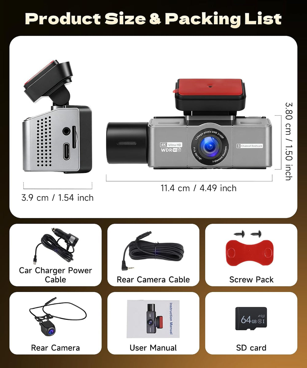 4K+2K+2K 3 Channel Dash Cam Front Rear Inside Car Camera, 64GB Card