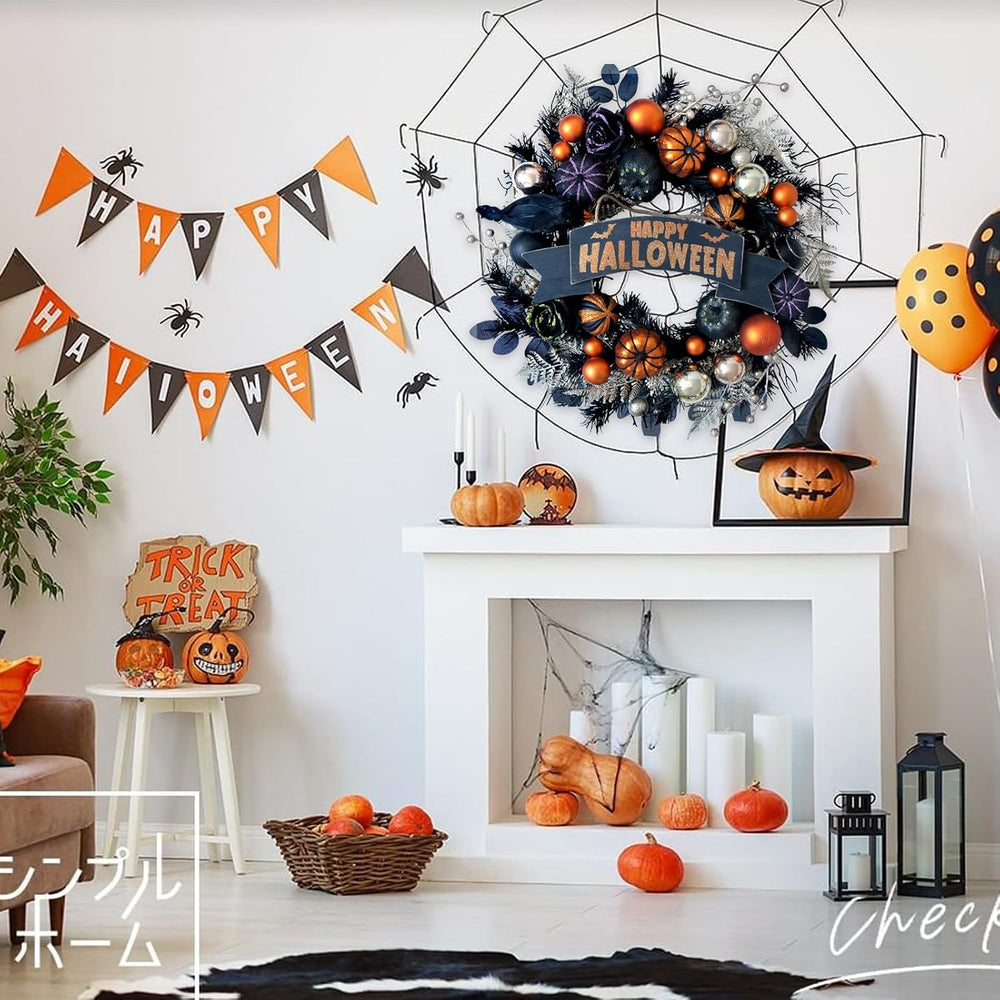 24“ Halloween Black Glitter Pumpkin with Balls Wreath for Front Door