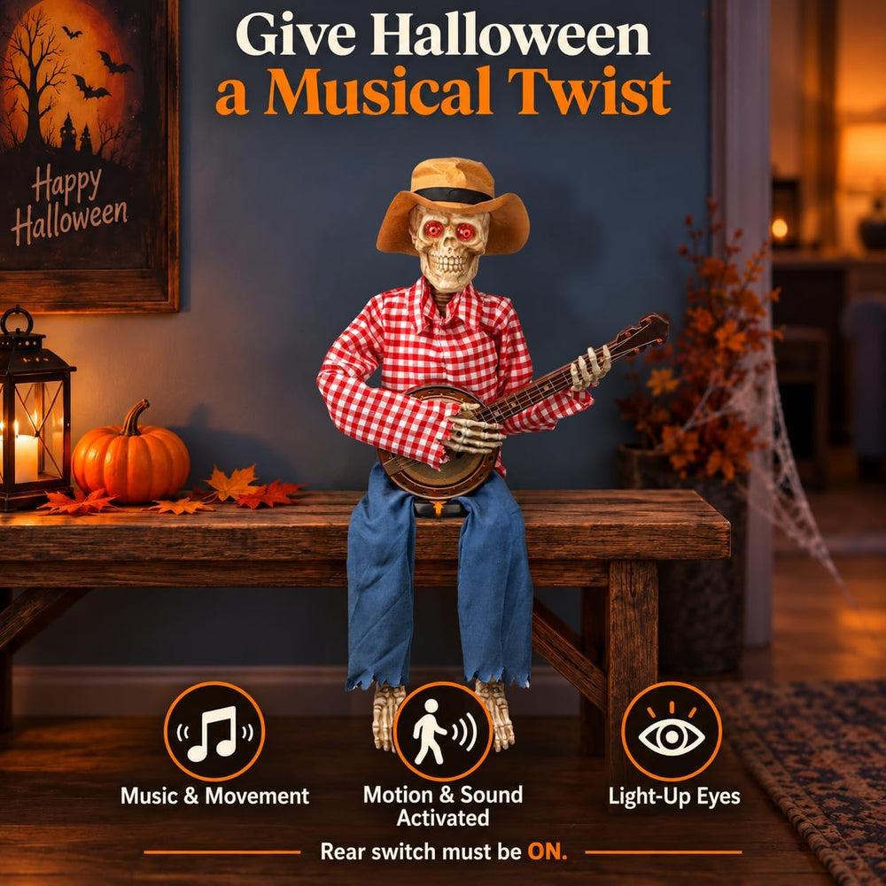 Halloween Animatronics Banjo Skeletons Decorations, Animated Skull with Sound...