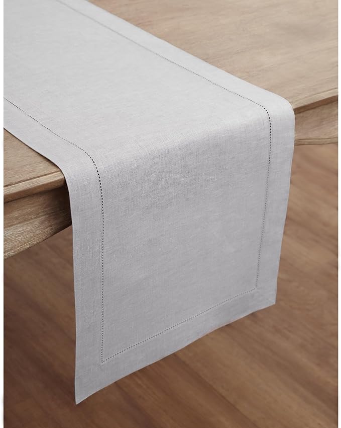 Solino Home Linen Soft Grey Table Runner 60 Inches - Classic Hemstitch, 100% ...