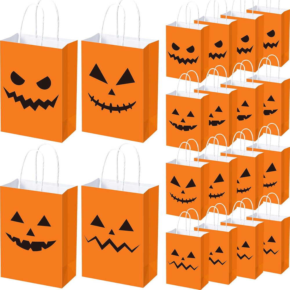 Ireer 100 Pcs Halloween Pumpkin Gift Bags Paper Treat Sacks with Handles