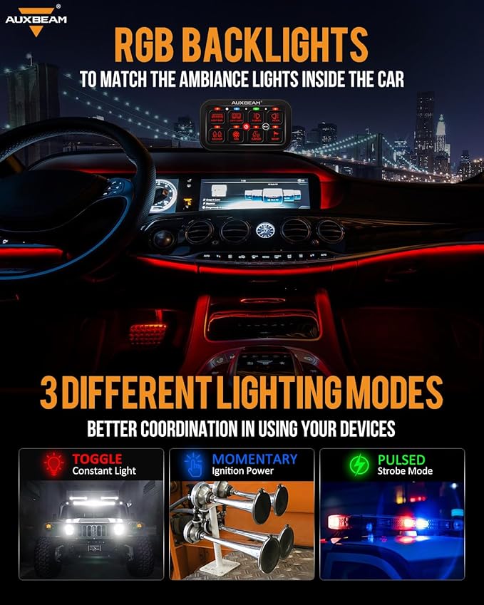 Auxbeam 8 Gang Switch Panel RA80 Toggle Momentary Pulsed RGB Dimmable