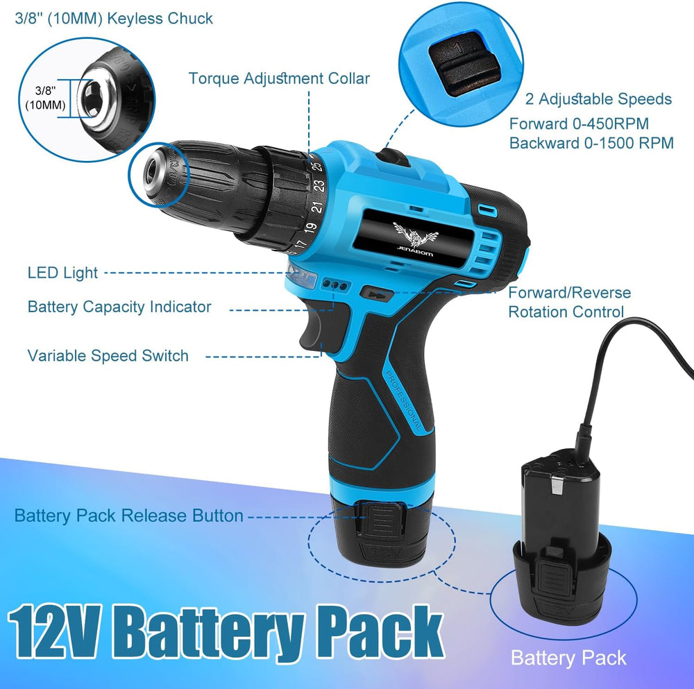 JENABOM Tool Set, 146-Piece Home Tool Kit with 12V Blue Cordless Drill