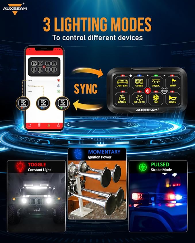 Auxbeam RGB Bluetooth 8 Gang Switch Panel AR-820 Toggle Momentary Pulsed Switch