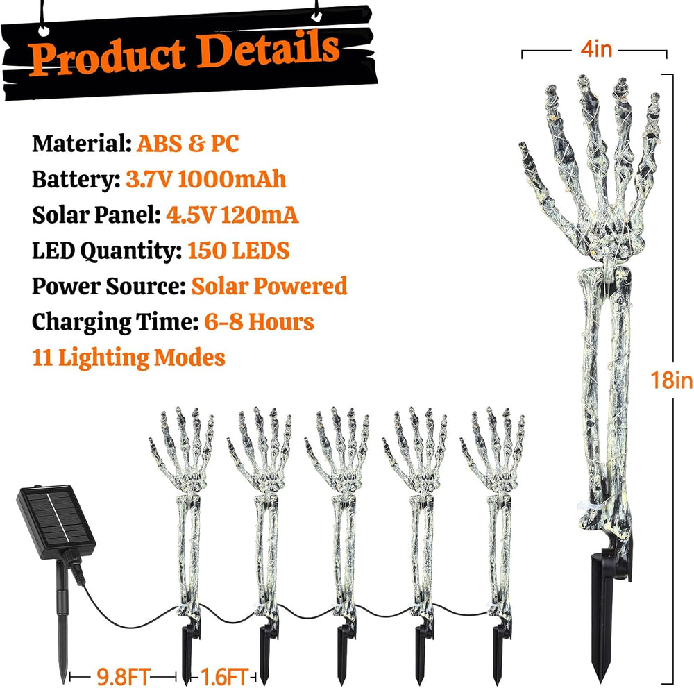 5-Pack Halloween Decorations Outdoor, Solar Lighted Skeleton Arm Stakes