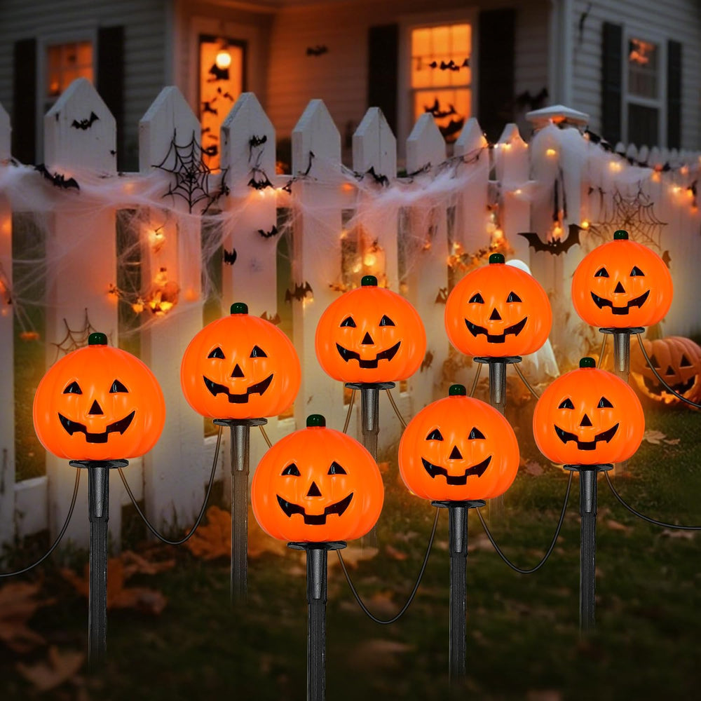 2 Sets 7Ft Halloween Decorations Pathway Lights Outdoor Pumpkin Stake Lights ...