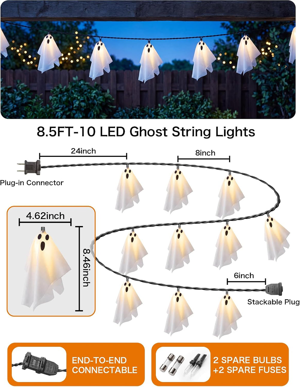 Halloween Ghost String Lights, 8.5FT 10 LED Plug-in Halloween Lights