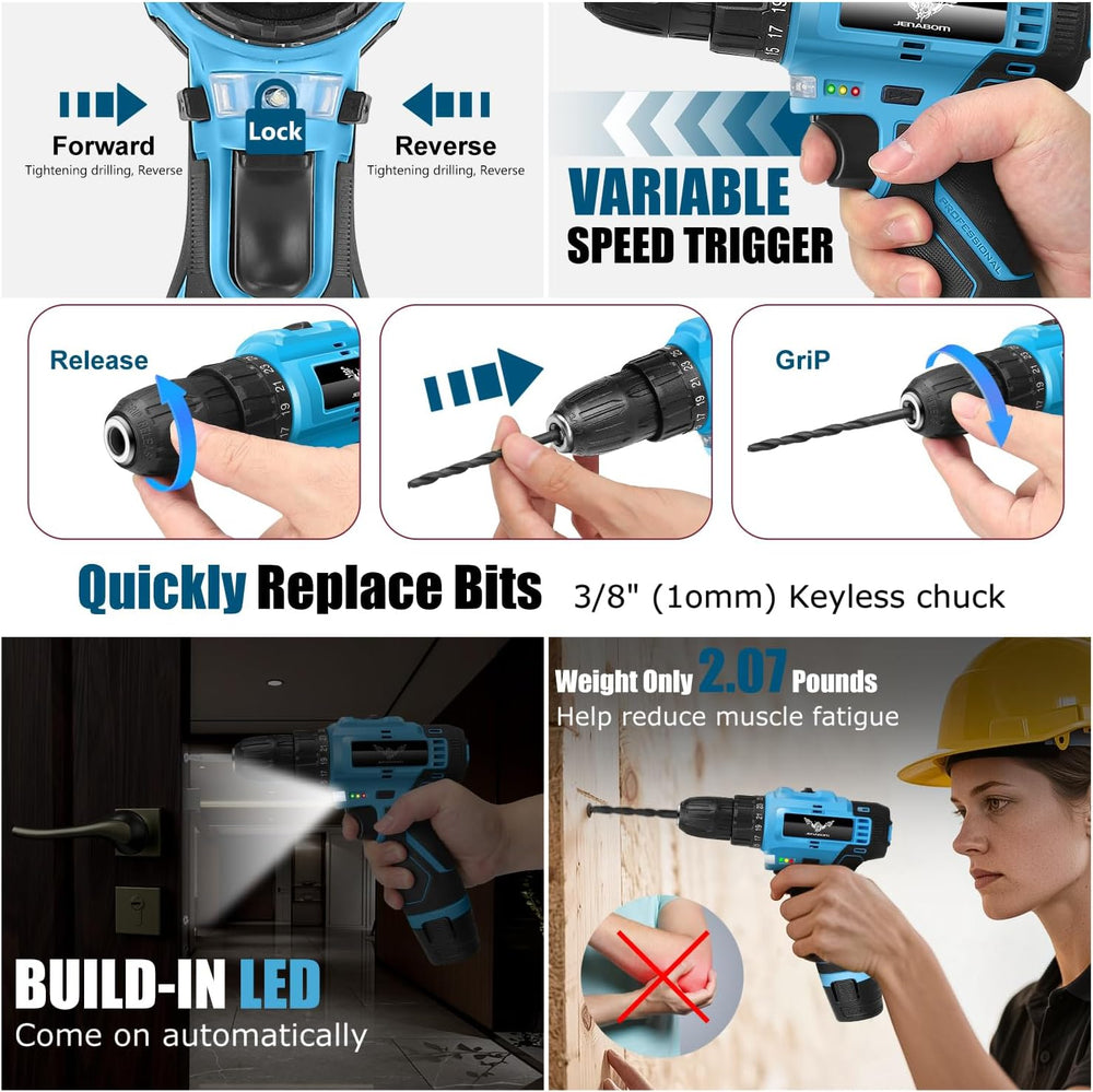 JENABOM Tool Set, 146-Piece Home Tool Kit with 12V Blue Cordless Drill