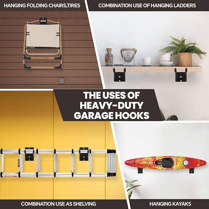 14" Large Heavy Duty Garage Hooks, Utility Wall Mount Hangers (4-Pack)