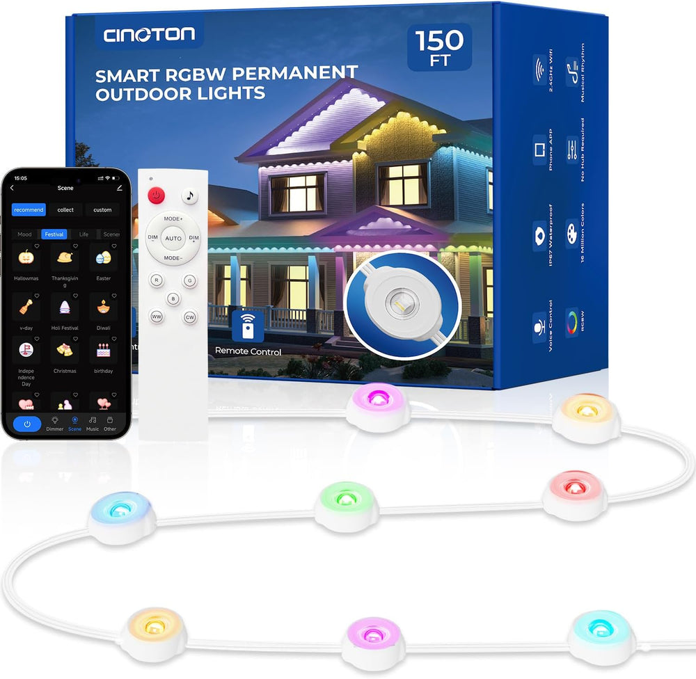 CINOTON Permanent Outdoor Lights 150ft, Smart RGBW+IC Eaves Lights with 90LED...