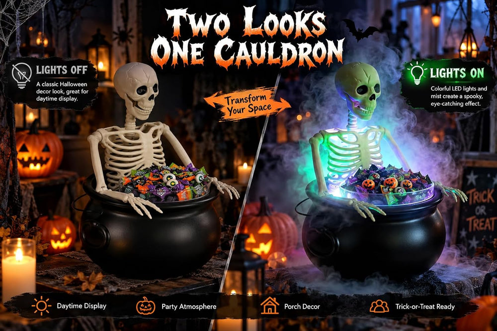 HOMELEX Halloween Cauldron Candy Bowl with Skeleton, LED Mist Maker Decor for...