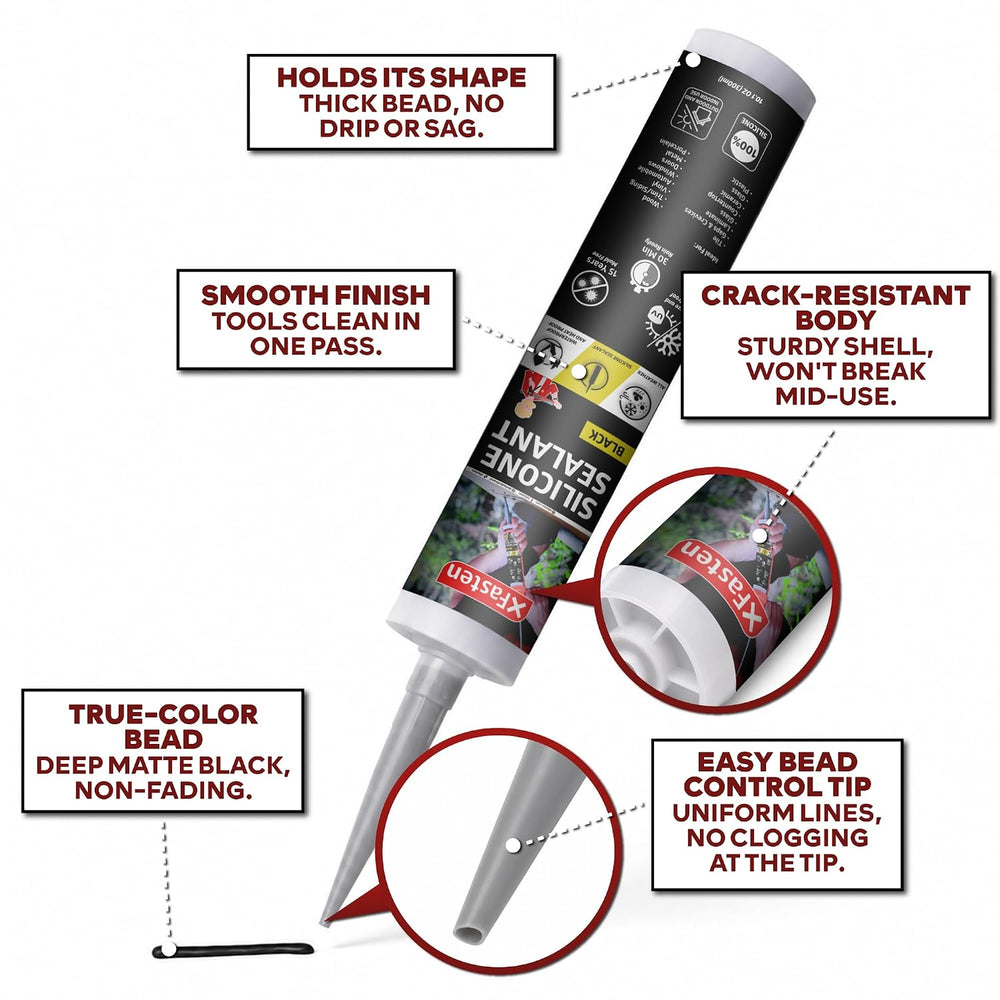 XFasten Black Silicone Caulk 10.1oz (16-Pack 161.6oz Total) Odorless 100% Sil...