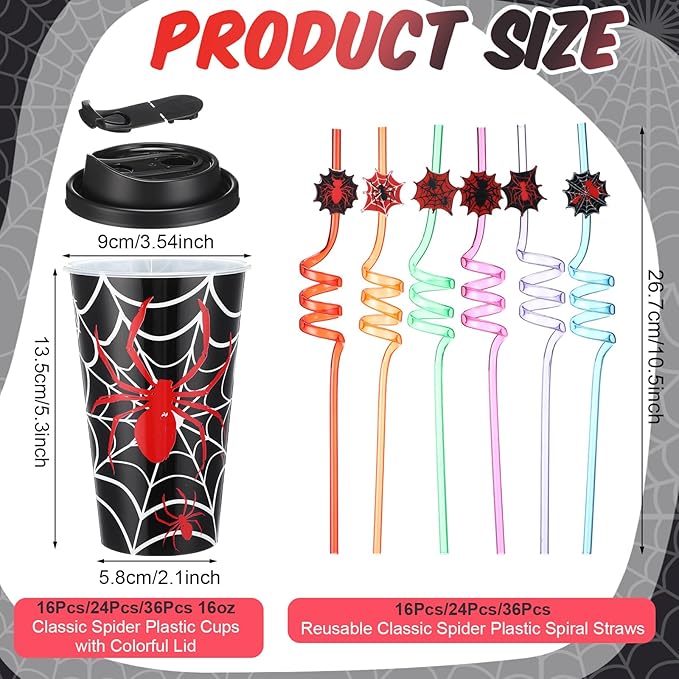 Yungyan 36 Sets Spider Party Favors Goodie Cups with Lids and Straws for Hall...